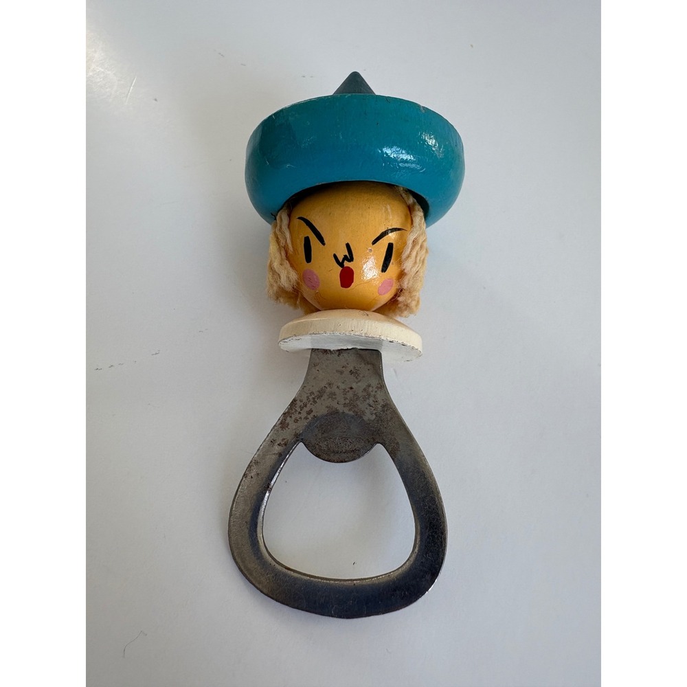 Vintage Mid Century Hand Painted Wood Sombrero Bottle Opener Turquoise Yarn Hair
